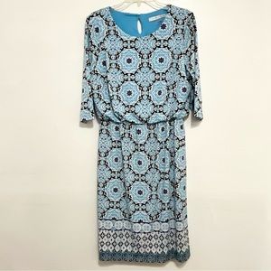 PETER NYGARD Women Midi Dress Blue Geo Print 3/4 Sleeve Elastic Waist Medium